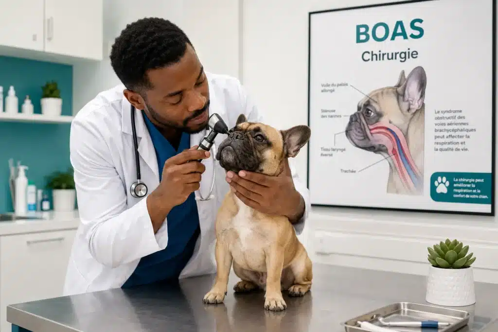 Vétérinaire examinant un Bouledogue français avec une affiche sur le BOAS et la chirurgie des voies respiratoires brachycéphales.