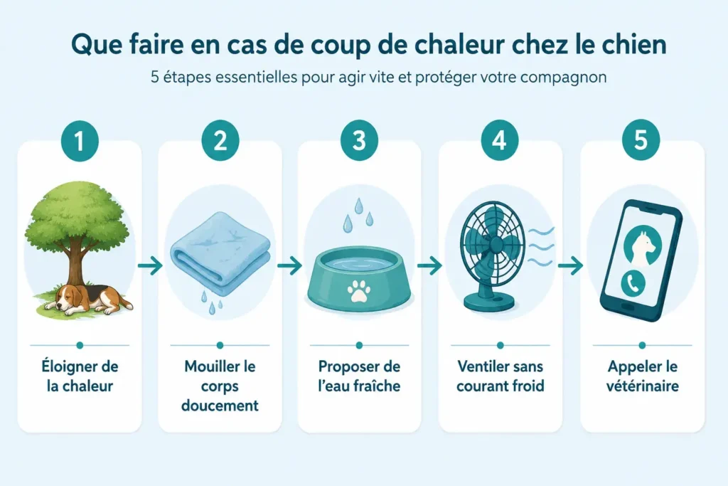 Infographie expliquant comment traiter un coup de chaleur chez le chien en cinq étapes : éloigner de la chaleur, mouiller doucement, donner de l’eau fraîche, ventiler et appeler le vétérinaire.