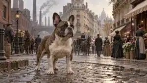 Illustration historique d’un bouledogue français de type ancien devant un décor évoquant l’Angleterre industrielle et le Paris des années 1880.
