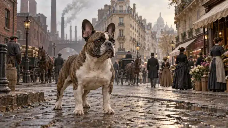 Illustration historique d’un bouledogue français de type ancien devant un décor évoquant l’Angleterre industrielle et le Paris des années 1880.