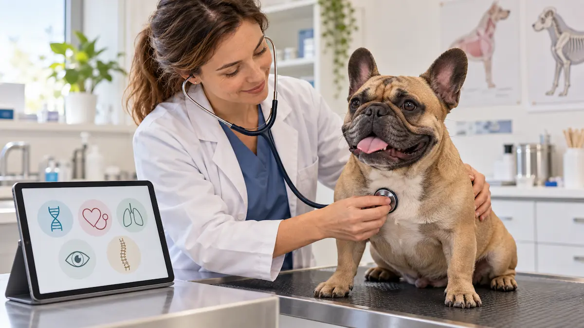 Vétérinaire auscultant un bouledogue français, avec des icônes ADN, cœur, poumons, œil et colonne vertébrale.