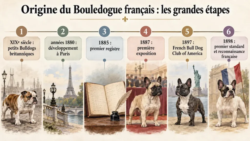 Frise chronologique illustrant les étapes historiques de l’origine du bouledogue français, du XIXe siècle à 1898.