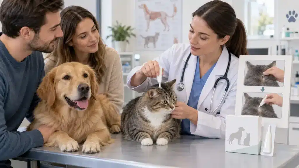Chien et chat avec une pipette antiparasitaire spot-on appliquée sur la peau
