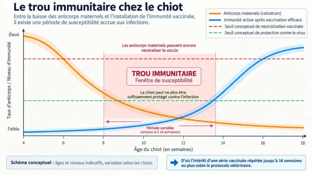 Schéma du trou immunitaire chez le chiot montrant la baisse des anticorps maternels et l’installation de l’immunité après vaccination.