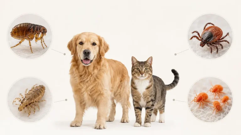Principaux parasites externes du chien et du chat : puce, tique, pou et aoûtats.