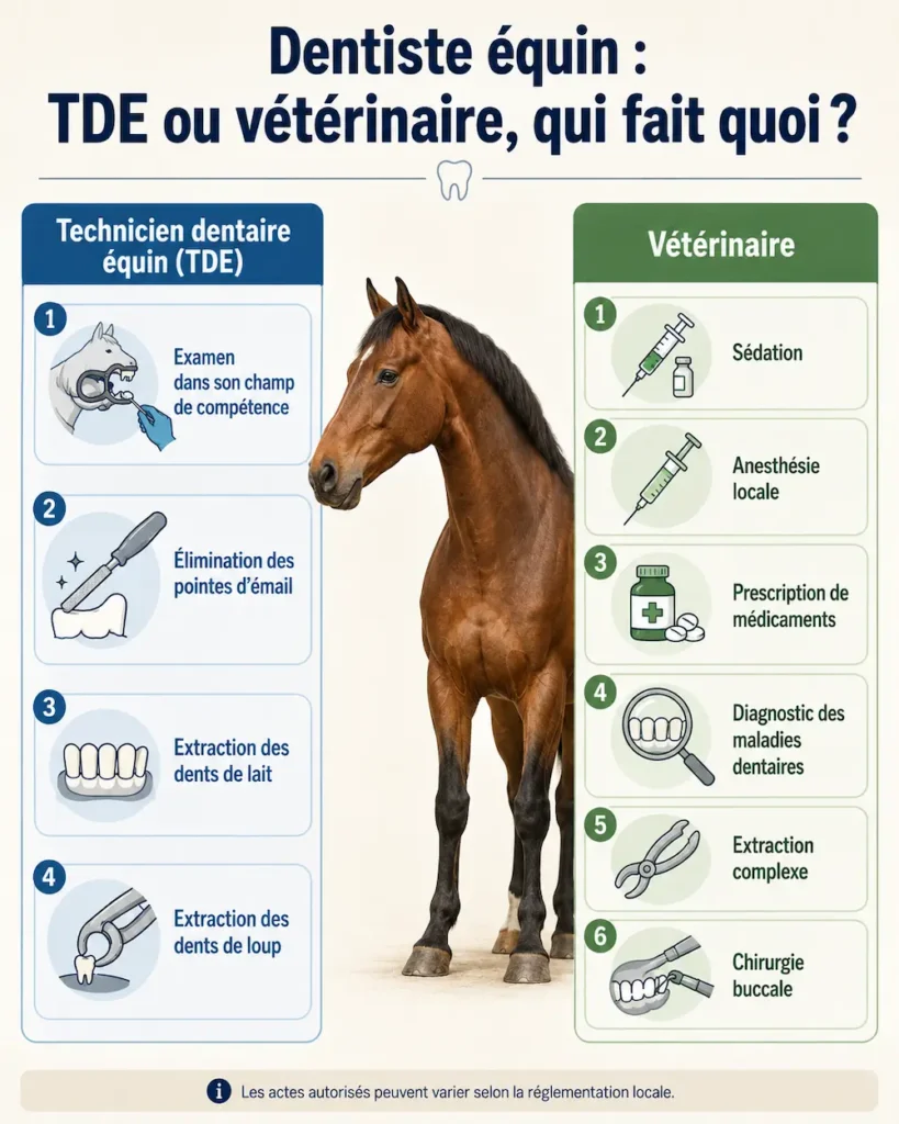 Infographie comparant les actes du dentiste équin TDE et du vétérinaire équin en dentisterie du cheval.