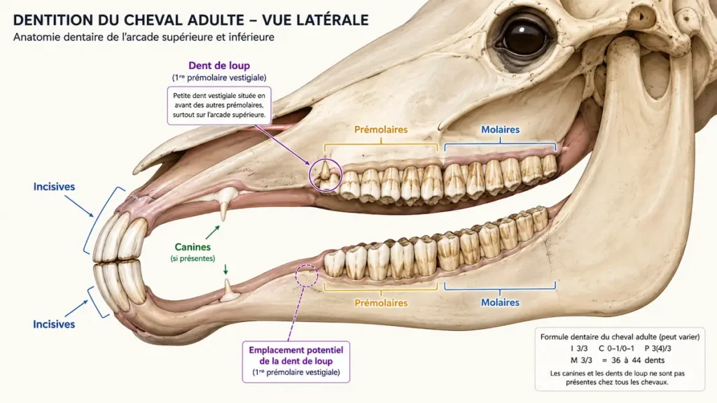Illustration anatomique de la dent de loup chez le cheval adulte, située en avant des prémolaires.
