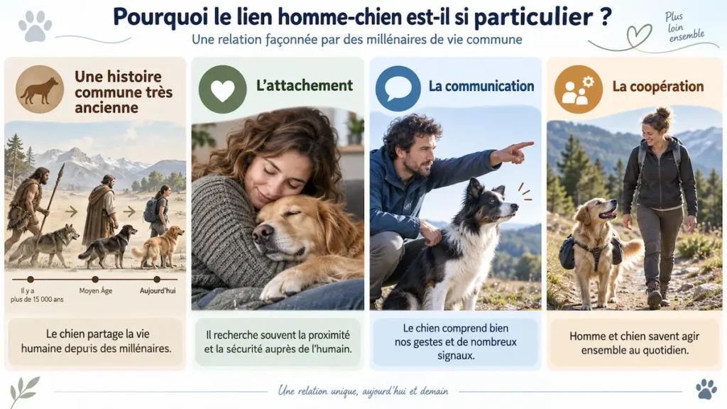 Infographie expliquant le lien entre chien et humain par l’attachement, la communication, la coopération et leur longue histoire commune