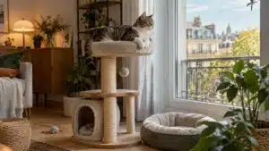 Chat d’intérieur détendu sur un perchoir dans un appartement avec arbre à chat, griffoir et cachette.