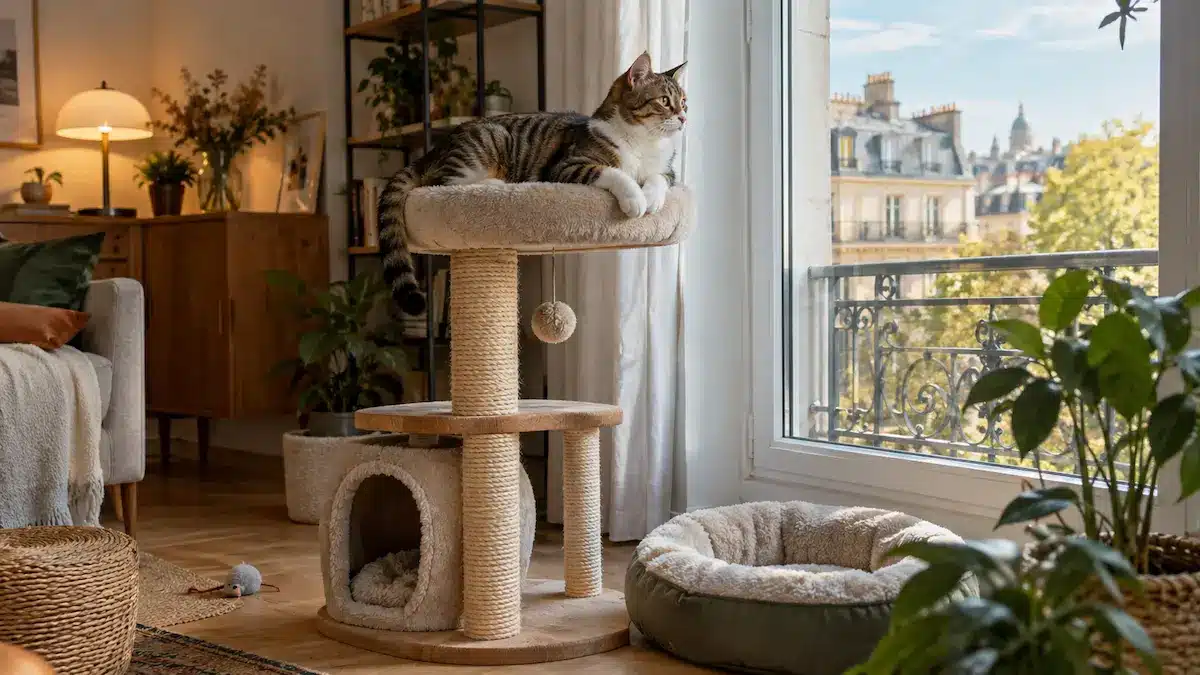 Chat d’intérieur détendu sur un perchoir dans un appartement avec arbre à chat, griffoir et cachette.
