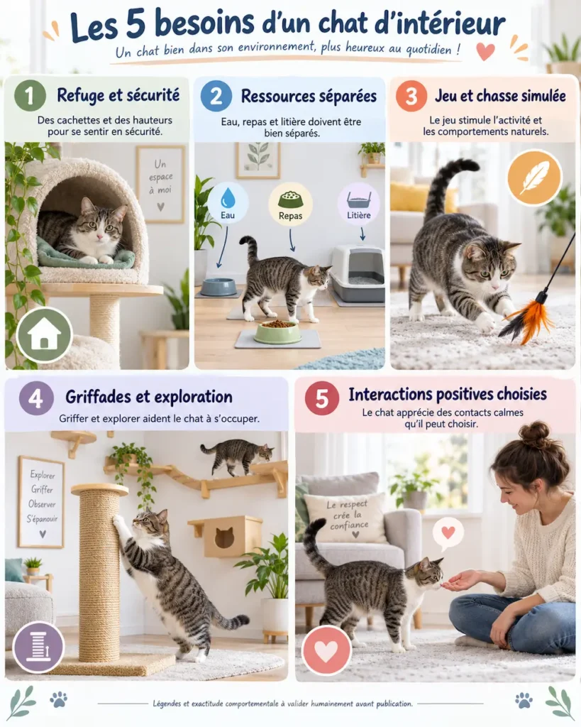 Infographie présentant les cinq besoins essentiels d’un chat d’intérieur : sécurité, ressources, jeu, griffades et interactions.