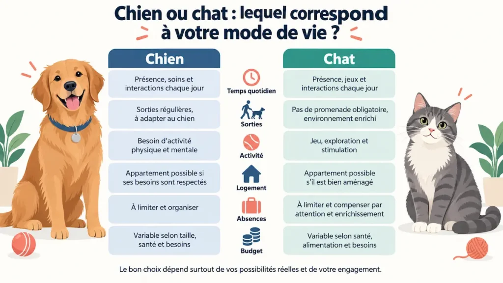 Infographie comparant chien et chat selon le temps quotidien, les sorties, l’activité, le logement, les absences et le budget.