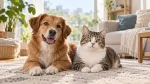 Chien brun et chat tigré blanc allongés côte à côte sur un tapis dans un salon.