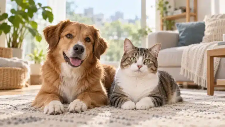 Chien brun et chat tigré blanc allongés côte à côte sur un tapis dans un salon.