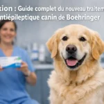Chien devant une vétérinaire tenant une boîte de Pexion, traitement antiépileptique canin.