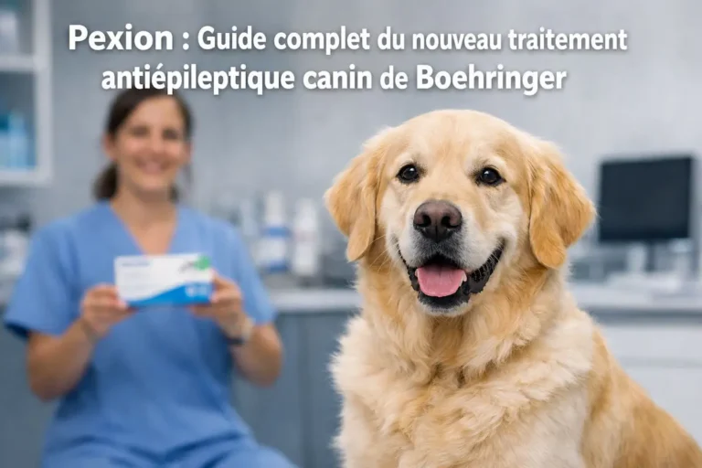 Chien devant une vétérinaire tenant une boîte de Pexion, traitement antiépileptique canin.