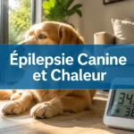 Chien exposé à la chaleur avec thermomètre affichant 34,8 °C, illustration sur l’épilepsie canine et chaleur.