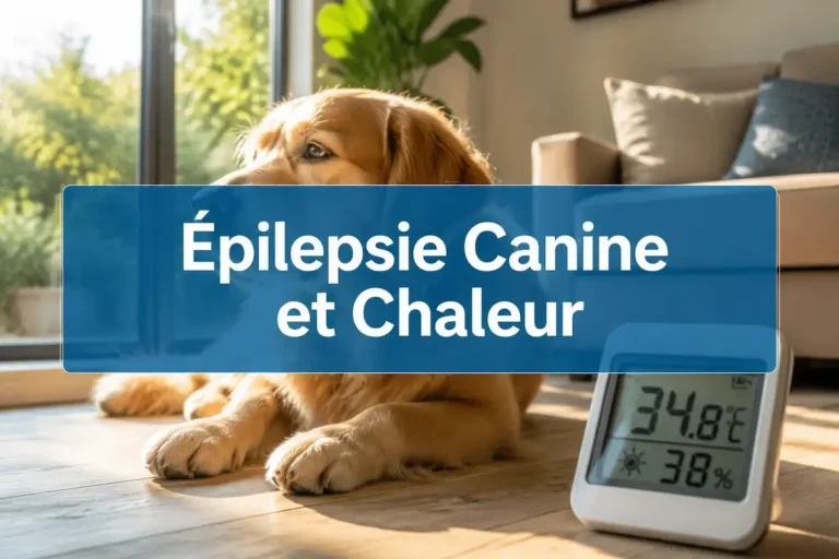Chien exposé à la chaleur avec thermomètre affichant 34,8 °C, illustration sur l’épilepsie canine et chaleur.