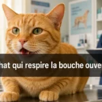 Chat roux qui respire la bouche ouverte sur une table de consultation vétérinaire.