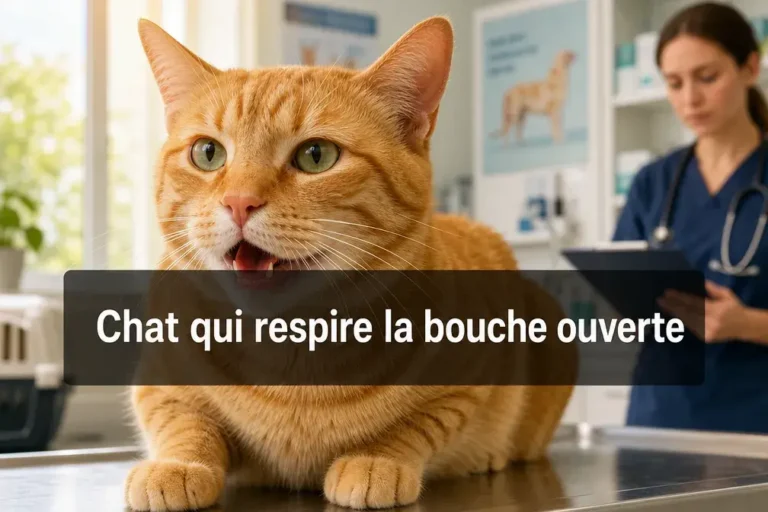 Chat roux qui respire la bouche ouverte sur une table de consultation vétérinaire.