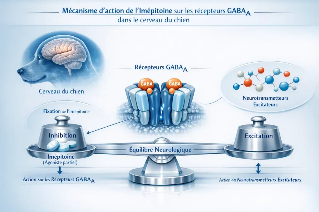 Infographie expliquant le mécanisme d’action de l’imépitoïne, principe actif de Pexion, sur les récepteurs GABA-A dans le cerveau du chien.