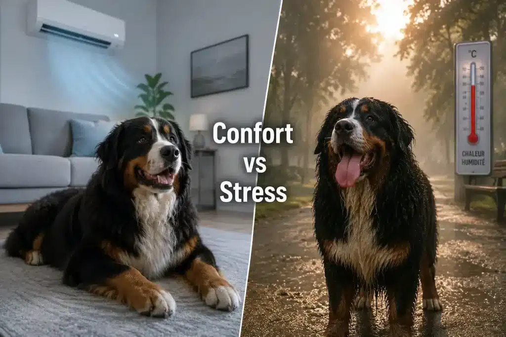 Chien épileptique et variation climatique illustrés par un contraste entre intérieur climatisé et extérieur chaud et humide.