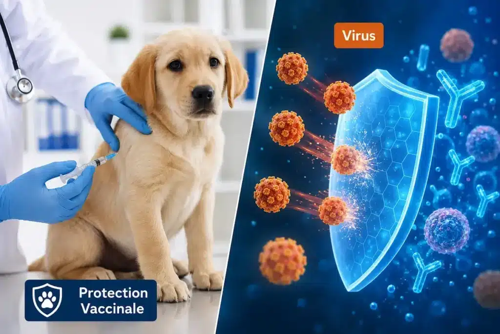 Illustration d’un chiot vacciné et d’un bouclier protecteur bloquant des virus.
