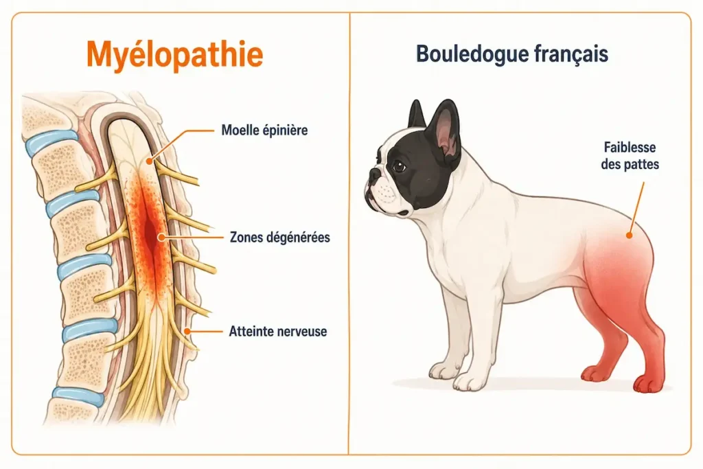 Infographie sur la myélopathie dégénérative du bouledogue français montrant les zones dégénérées de la moelle épinière et la faiblesse des pattes arrière.