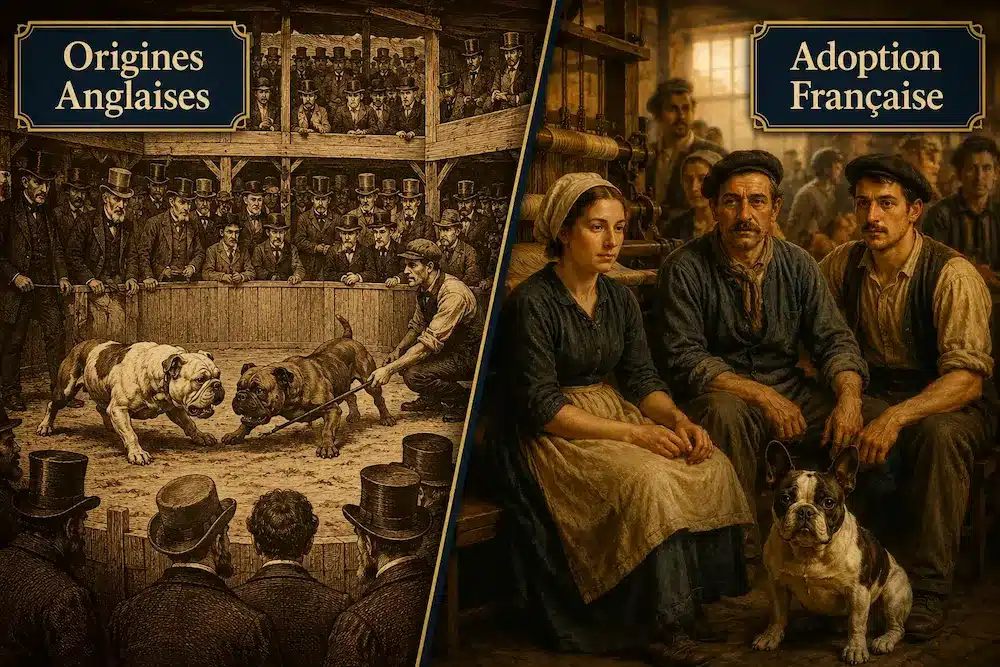 Illustration historique évoquant l’origine anglaise du bouledogue français à partir de petits Bulldogs britanniques.