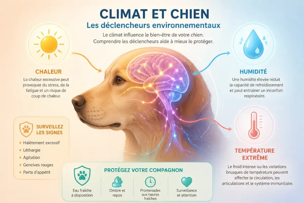 Infographie sur le climat et le chien épileptique, avec chaleur, humidité et variations de température comme facteurs environnementaux.