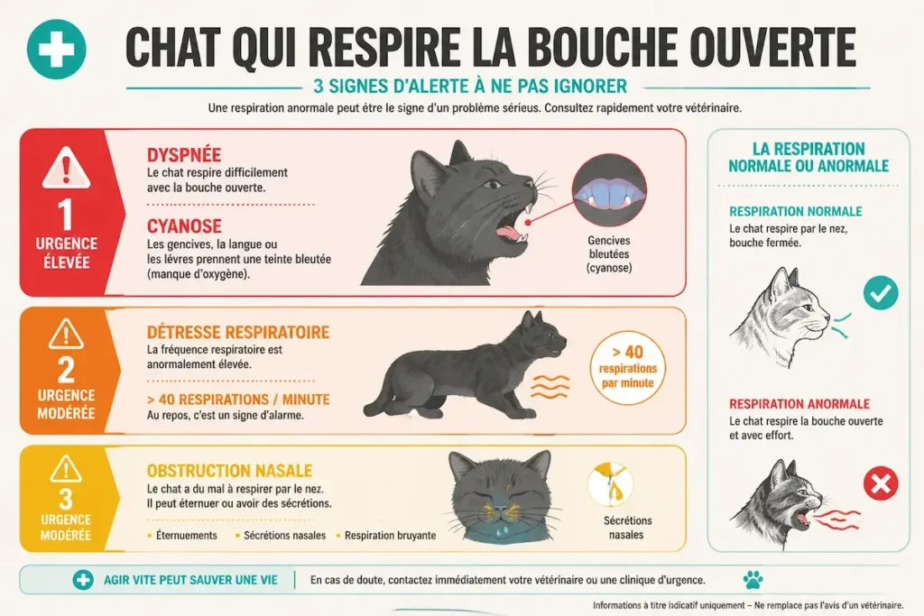 Infographie sur le chat qui respire la bouche ouverte, présentant la dyspnée, la cyanose, la détresse respiratoire et l’obstruction nasale.