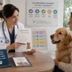 Vétérinaire présentant un calendrier vaccinal à la propriétaire d’un chien dans une clinique.