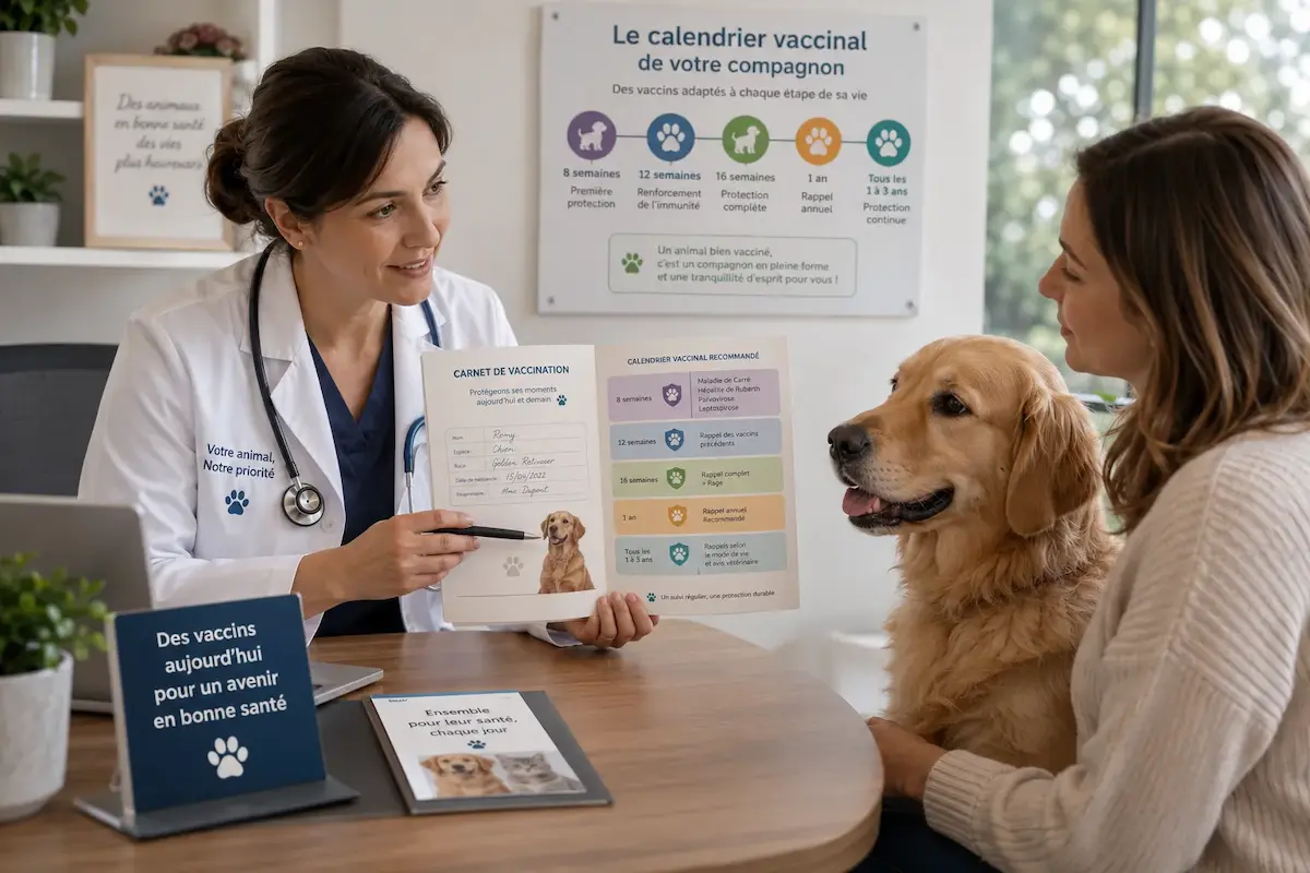 Vétérinaire présentant un calendrier vaccinal à la propriétaire d’un chien dans une clinique.
