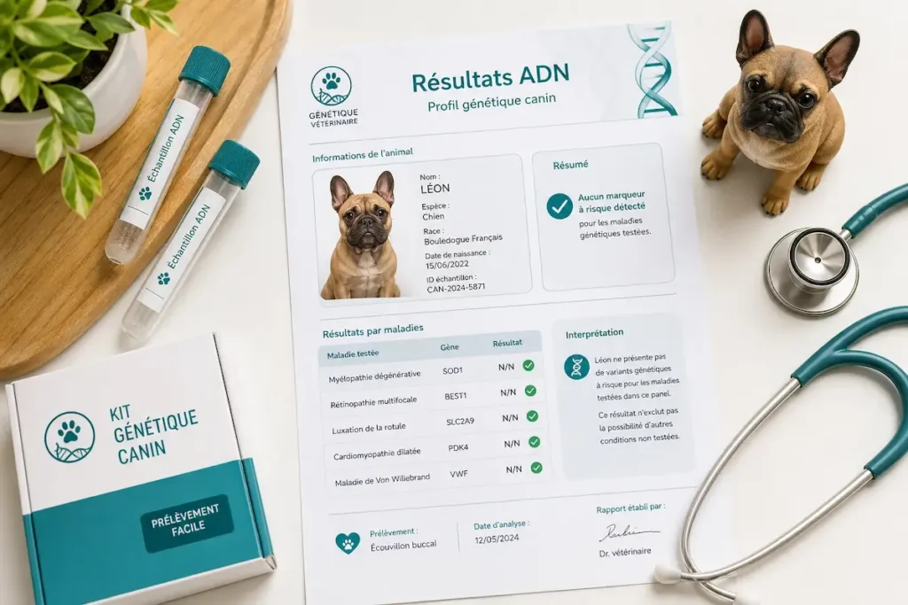 Test ADN pour maladies génétiques du bouledogue français avec kit de prélèvement, rapport de résultats et chien.