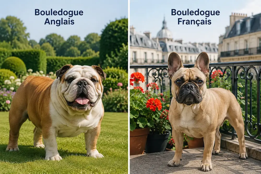 Illustration comparative d’un bouledogue anglais et d’un bouledogue français, présentés côte à côte.