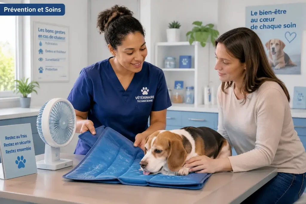 Prévention chez un chien épileptique avec mesures de rafraîchissement et surveillance en clinique vétérinaire.