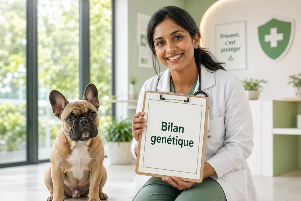 Vétérinaire présentant un bilan génétique à côté d’un bouledogue français en clinique.