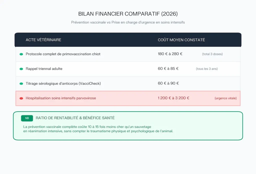 Tableau comparant le coût pour hospitalisation parvovirose à celui de la prévention vaccinale chez le chiot.