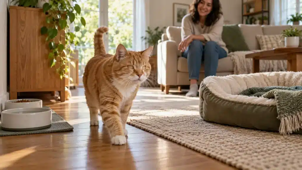 Chat roux aux yeux fermés se promenant dans une maison, avec ses gamelles et son couchage à proximité et sa propriétaire en arrière-plan.
