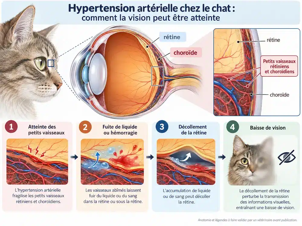 Infographie montrant comment l'hypertension artérielle chez le chat peut provoquer des lésions des vaisseaux rétiniens et choroïdiens, un décollement de la rétine et une baisse de vision.