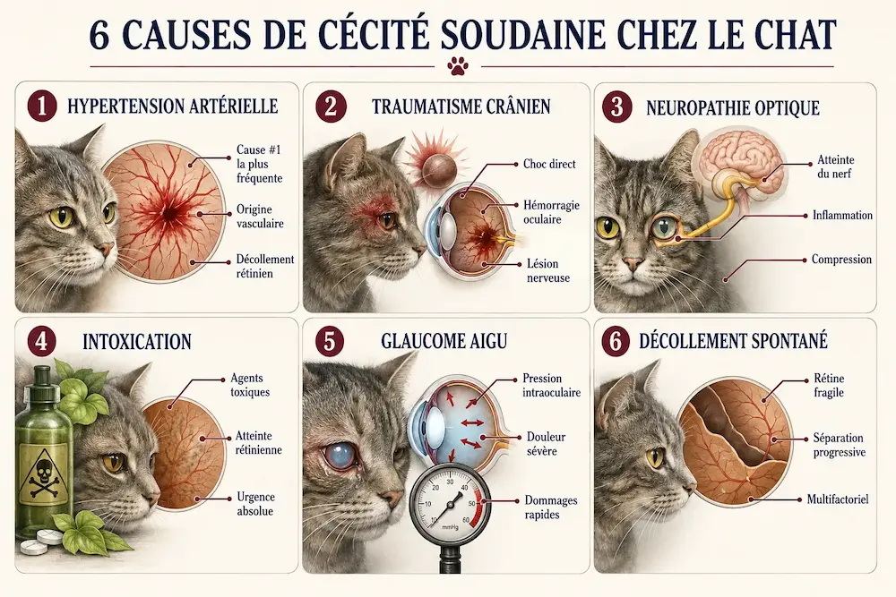Infographie présentant 6 causes de cécité soudaine chez le chat : hypertension artérielle, traumatisme crânien, neuropathie optique, intoxication, glaucome aigu et décollement de la rétine.