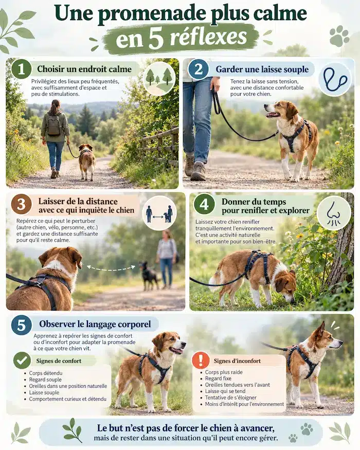 Infographie « Une promenade plus calme en 5 réflexes » pour promener un chien avec une laisse souple et observer son langage corporel.