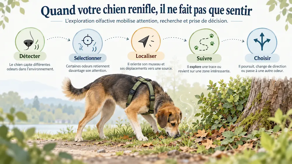 Infographie expliquant les étapes de l’exploration olfactive d’un chien qui renifle : détecter, sélectionner, localiser, suivre et choisir.