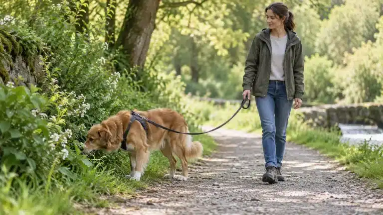 Femme promenant son chien en laisse souple pendant qu’il renifle des plantes au bord d’un chemin.