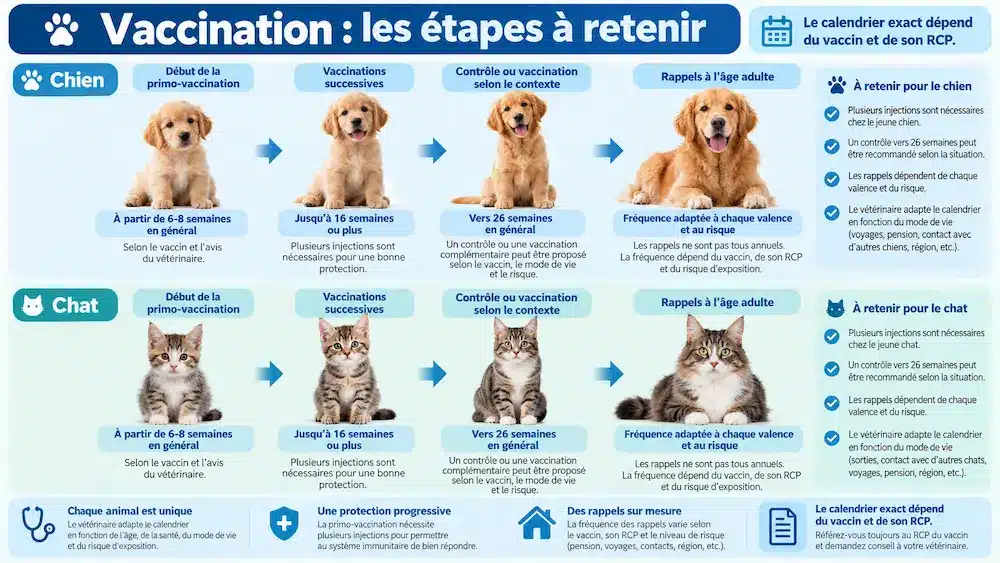 Schéma des grandes étapes de vaccination du chiot et du chaton