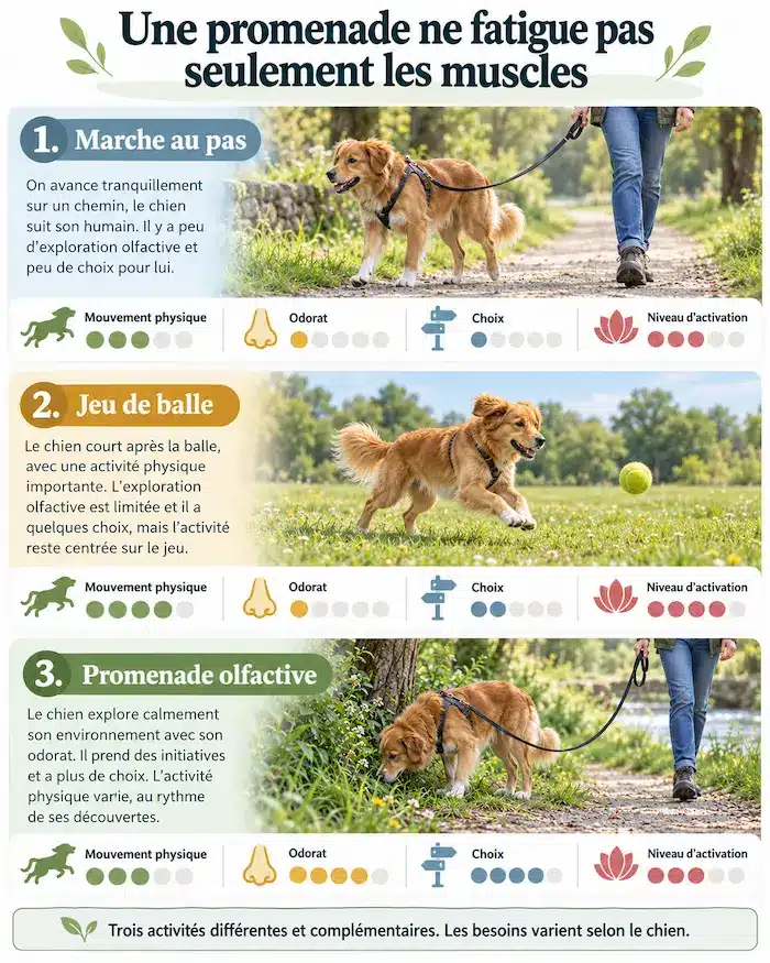 Infographie comparant trois activités de promenade pour chien : marche au pas, jeu de balle et promenade olfactive.