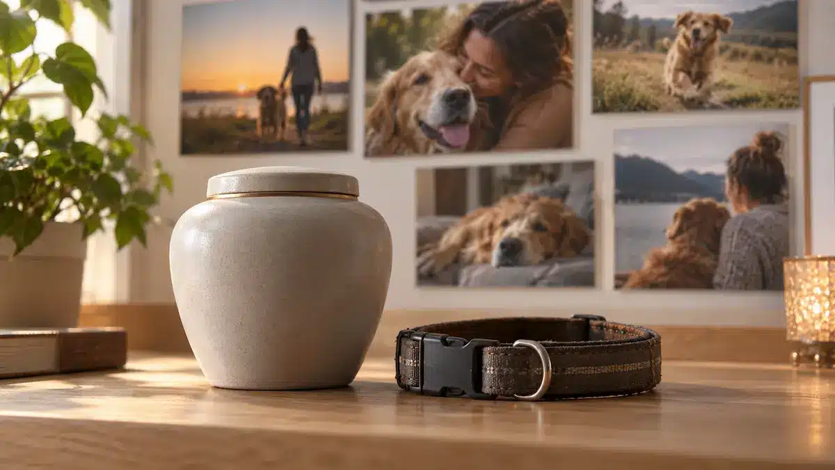 Urne funéraire, collier et photographies d’un chien sur une table.