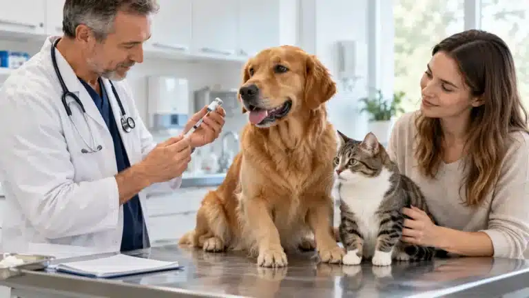 Chien et chat lors d’une consultation vétérinaire consacrée à la vaccination