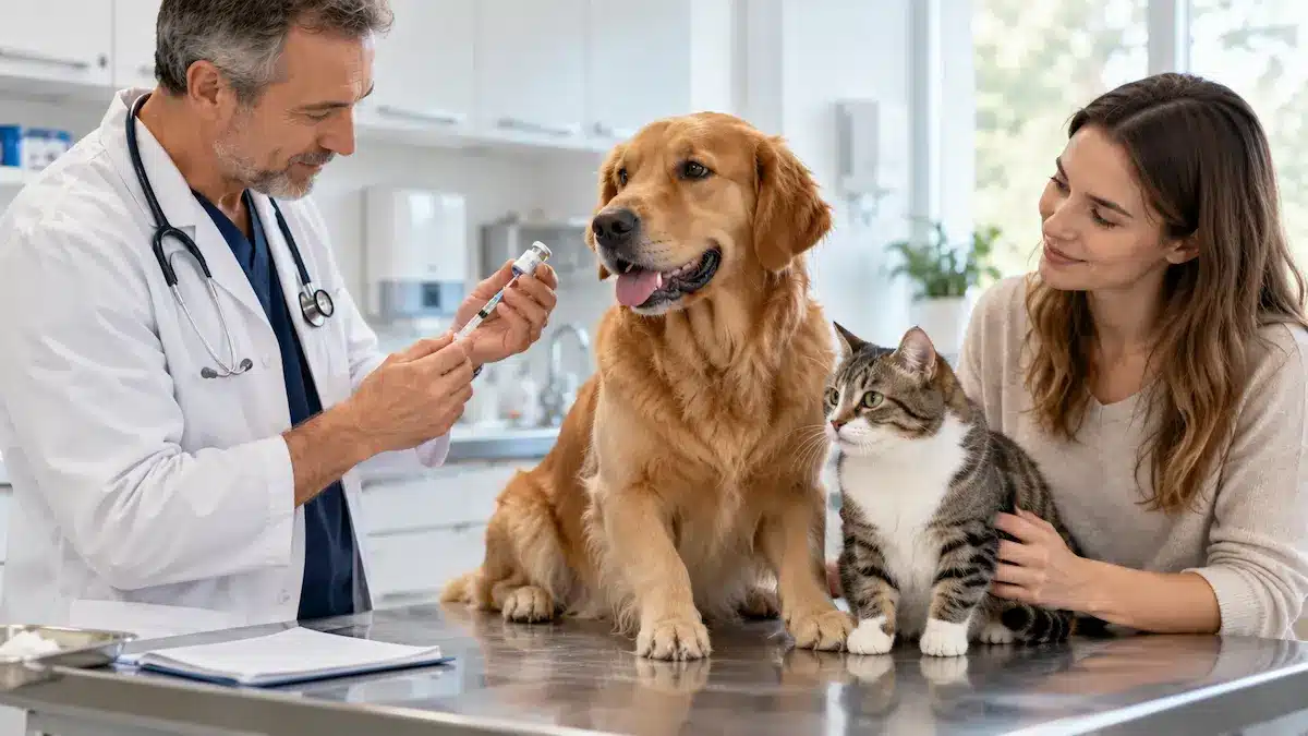 Chien et chat lors d’une consultation vétérinaire consacrée à la vaccination
