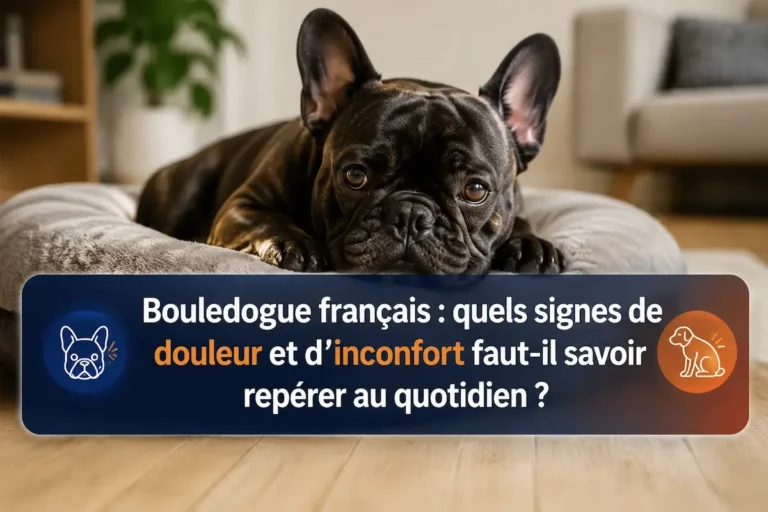 Bouledogue français couché sur un coussin avec un visuel sur les signes de douleur et d’inconfort au quotidien.